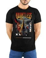 Dauntless Rhino Graphic Streetwear T-shirt - model with hands behind back, wearing Black T-shirt and blue jeans