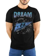 Dream Big Money Plane Tee - model with hands behind back, wearing Black T-shirt and blue jeans