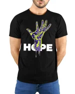 Futuristic Hope Hand Tee - model with hands behind back, wearing Black T-shirt and blue jeans