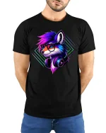 Neon Wolf Headphones Graphic Tee - model with hands behind back, wearing Black T-shirt and blue jeans