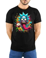 Crazy Cartoon Monster Face Tee - model with hands behind back, wearing Black T-shirt and blue jeans