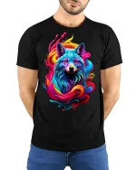 Vibrant Neon Wolf Splash Art T-shirt - model with hands behind back, wearing Black T-shirt and blue jeans