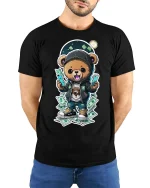 Hip Hop Money Bear Streetwear T-shirt - model with hands behind back, wearing Black T-shirt and blue jeans