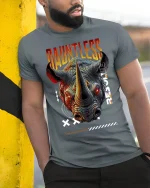 Dauntless Rhino Graphic Streetwear T-shirt - model leaning on yellow-black pole, wearing Gray T-shirt, hand in pocket