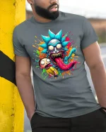 Crazy Cartoon Monster Face Tee - model leaning on yellow-black pole, wearing Gray T-shirt, hand in pocket