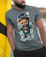 Hip Hop Money Bear Streetwear T-shirt - model leaning on yellow-black pole, wearing Gray T-shirt, hand in pocket