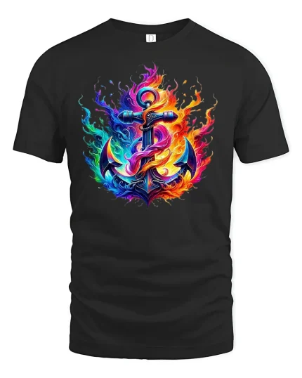 Fiery Anchor Nautical Flame T-shirt - black t-shirt on white background