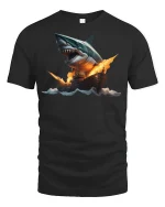 Giant Shark vs Warship Epic Battle T-shirt - black t-shirt on white background