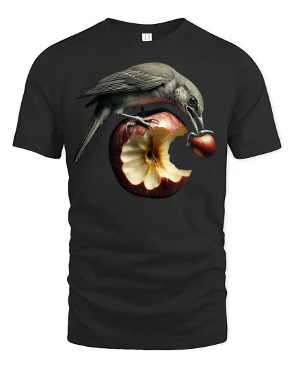 Surreal Bird and Apple Artwork T-shirt - black t-shirt on white background