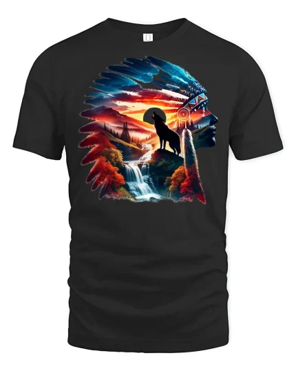 Wolf Spirit Mountain Sunset Nature T-shirt - black t-shirt on white background