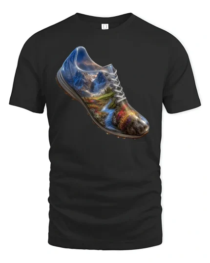 Mountain Landscape Shoe Art Tee - black t-shirt on white background