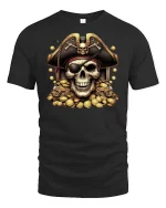 Pirate Skull Treasure Gold Coins T-shirt - black t-shirt on white background