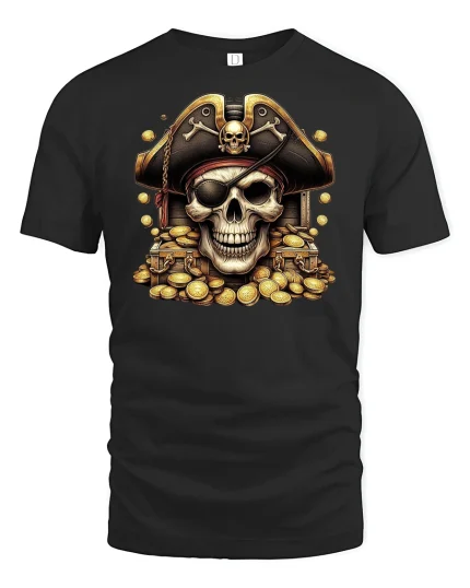 Pirate Skull Treasure Gold Coins T-shirt - black t-shirt on white background