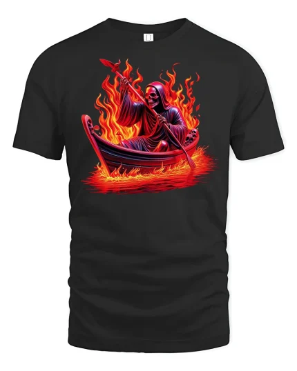Grim Reaper Fiery Boat Ride T-shirt - black t-shirt on white background