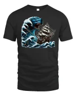 Sea Monster Ship Attack Tee - black t-shirt on white background