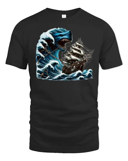 Sea Monster Ship Attack Tee - black t-shirt on white background
