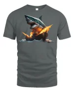 Giant Shark vs Warship Epic Battle T-shirt - gray t-shirt on white background