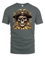 Pirate Skull Treasure Gold Coins T-shirt - gray t-shirt on white background