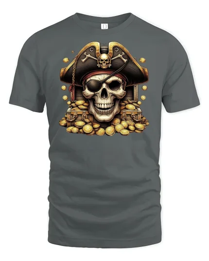 Pirate Skull Treasure Gold Coins T-shirt - gray t-shirt on white background