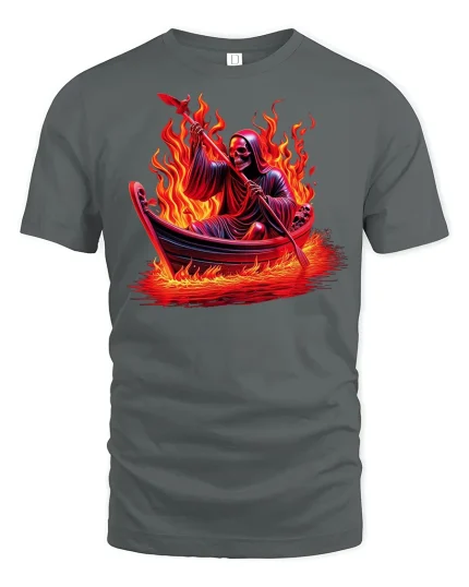 Grim Reaper Fiery Boat Ride T-shirt - gray t-shirt on white background