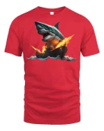 Giant Shark vs Warship Epic Battle T-shirt - red t-shirt on white background