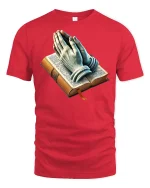 Faithful Prayer Hands Bible Graphic Tee - red t-shirt on white background