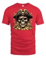 Pirate Skull Treasure Gold Coins T-shirt - red t-shirt on white background