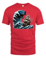 Sea Monster Ship Attack Tee - red t-shirt on white background