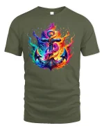 Fiery Anchor Nautical Flame T-shirt - military green t-shirt on white background