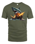 Giant Shark vs Warship Epic Battle T-shirt - military green t-shirt on white background