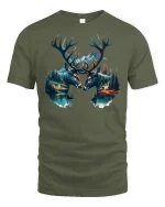 Majestic Deer Mountain Forest Wildlife T-shirt - military green t-shirt on white background