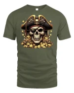 Pirate Skull Treasure Gold Coins T-shirt - military green t-shirt on white background