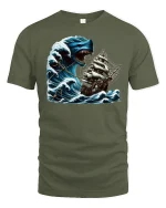 Sea Monster Ship Attack Tee - military green t-shirt on white background