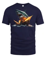 Giant Shark vs Warship Epic Battle T-shirt - navy t-shirt on white background