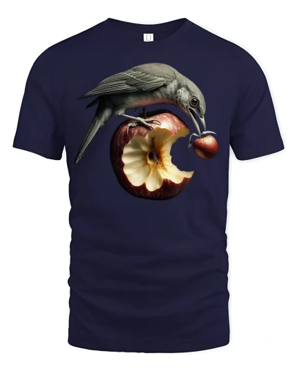 Surreal Bird and Apple Artwork T-shirt - navy t-shirt on white background