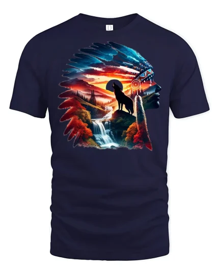 Wolf Spirit Mountain Sunset Nature T-shirt - navy t-shirt on white background