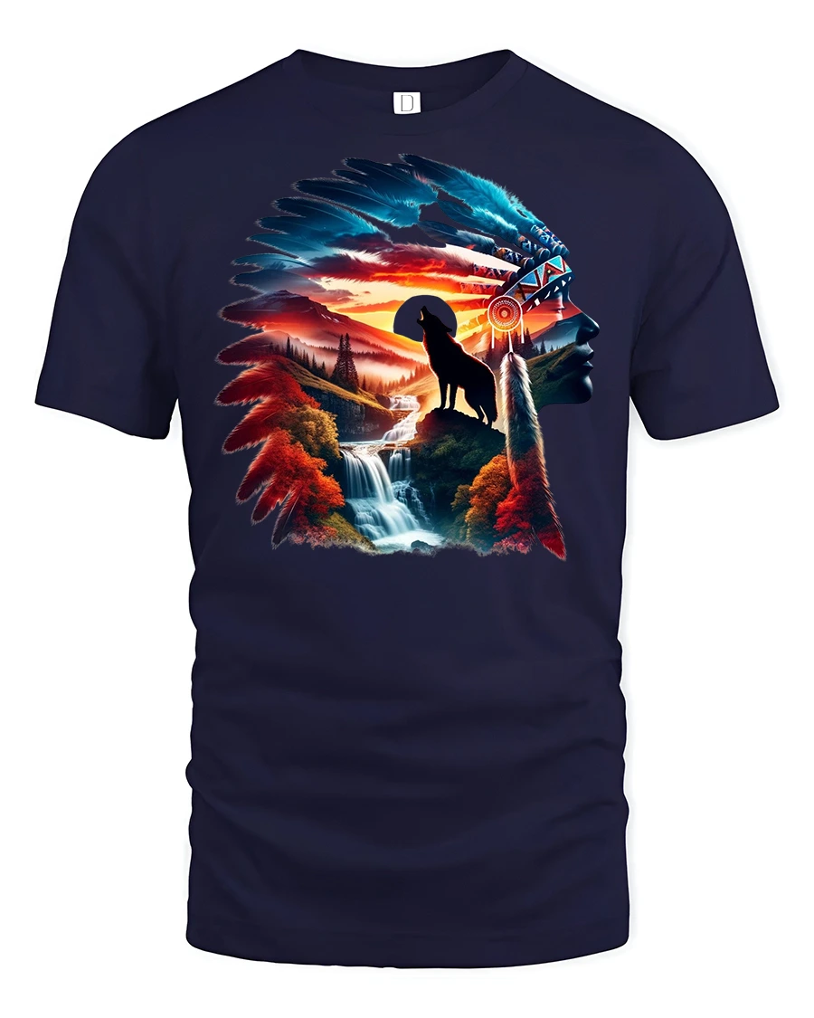 Wolf Spirit Mountain Sunset Nature T-shirt - 1 Wolf Spirit Mountain Sunset Nature T-shirt - navy t-shirt on white background