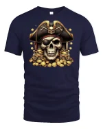 Pirate Skull Treasure Gold Coins T-shirt - navy t-shirt on white background