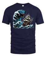 Sea Monster Ship Attack Tee - navy t-shirt on white background
