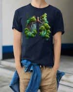 Forest Lungs Nature Art Tee - model wearing Navy T-shirt, hands in pockets, denim shirt at waist