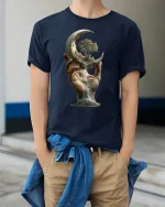 Surreal Moon Hand Tree Nature T-shirt - model wearing Navy T-shirt, hands in pockets, denim shirt at waist