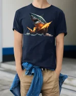 Giant Shark vs Warship Epic Battle T-shirt - model wearing Navy T-shirt, hands in pockets, denim shirt at waist