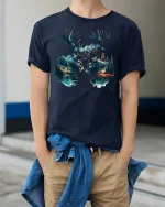 Majestic Deer Mountain Forest Wildlife T-shirt - model wearing Navy T-shirt, hands in pockets, denim shirt at waist