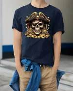 Pirate Skull Treasure Gold Coins T-shirt - model wearing Navy T-shirt, hands in pockets, denim shirt at waist