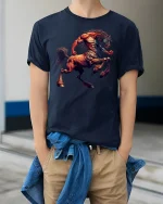 Fierce Centaur Warrior Mythology T-shirt - model wearing Navy T-shirt, hands in pockets, denim shirt at waist