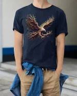 Nature Spirit Eagle Tree Roots T-shirt - model wearing Navy T-shirt, hands in pockets, denim shirt at waist