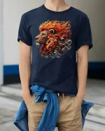 Fiery Lion Head Artistic Flames T-shirt - model wearing Navy T-shirt, hands in pockets, denim shirt at waist