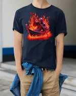 Grim Reaper Fiery Boat Ride T-shirt - model wearing Navy T-shirt, hands in pockets, denim shirt at waist