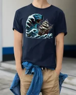 Sea Monster Ship Attack Tee - model wearing Navy T-shirt, hands in pockets, denim shirt at waist