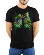 Forest Lungs Nature Art Tee - model with hands behind back, wearing Black T-shirt and blue jeans